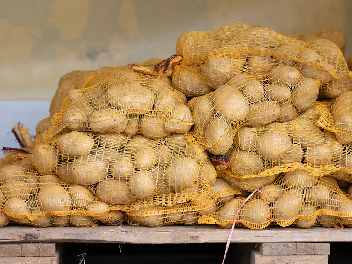 Netzakken met aardappelen op een pallet